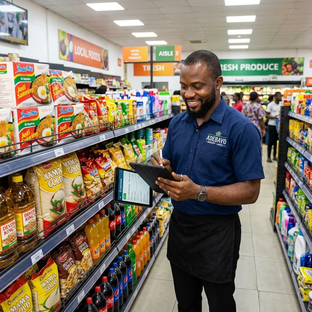 Local retail grocery store owner tracking inventory
